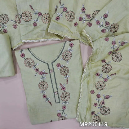 Green shade premium fancy silk cotton unstitched salwar material, embroidered yoke, embroidery on daman, (lining needed) matching cotton bottom, embroidery on soft silk cotton dupatta with lace tapping. MR260119