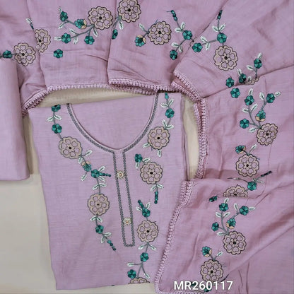 Pastel pink premium fancy silk cotton unstitched salwar material, embroidered yoke, embroidery on daman, (lining needed) matching cotton bottom, embroidery on soft silk cotton dupatta with lace tapping. MR260117