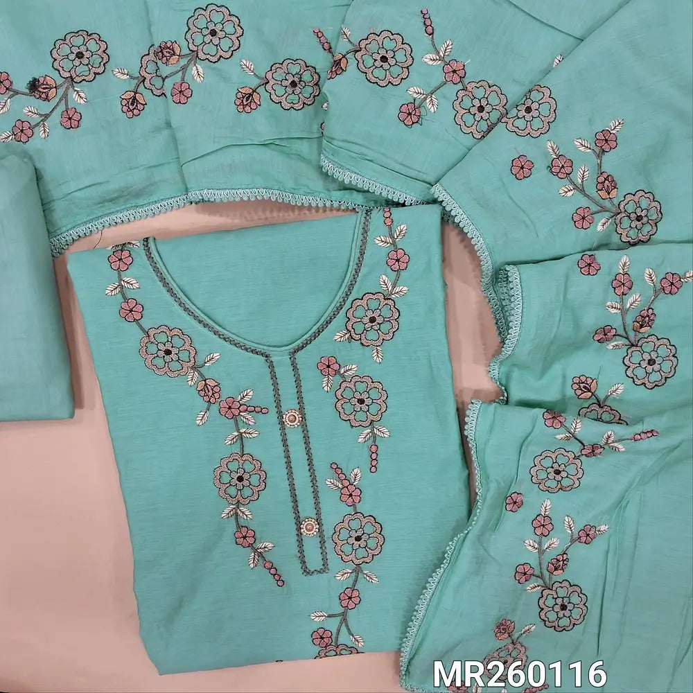 Pastel blue premium fancy silk cotton unstitched salwar material, embroidered yoke, embroidery on daman, (lining needed) matching cotton bottom, embroidery on soft silk cotton dupatta with lace tapping. MR260116