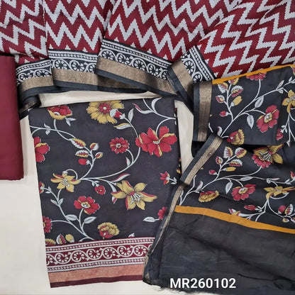 Black floral printed soft fancy silk cotton unstitched salwar material, printed all over (Soft, Lining Needed, Thin) maroon pure cotton bottom, zig zag printed soft silk cotton full length dupatta with floral printed pallu(TAPINGS NEEDED). MR260102