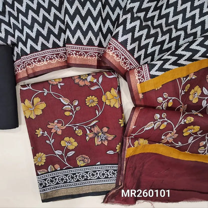 Dark maroon floral printed soft fancy silk cotton unstitched salwar material, printed all over (Soft, Lining Needed, Thin) black pure cotton bottom, zig zag printed soft silk cotton full length dupatta with floral printed pallu. (TAPINGS NEEDED). MR260101