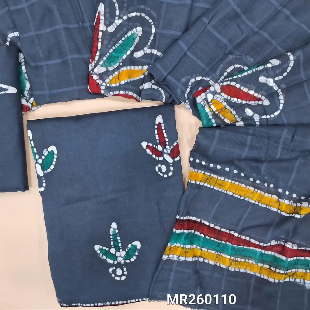 Dark grey multicoloured wax batik dyed cotton unstitched salwar material (lining needed) batik dyed cotton bottom, multicoloured batik dyed pure mul cotton dupatta. MR260110