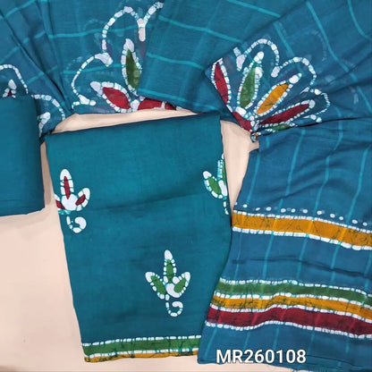 Dark teal blue multicoloured wax batik dyed cotton unstitched salwar material (lining needed) batik dyed cotton bottom, multicoloured batik dyed pure mul cotton dupatta. MR260108