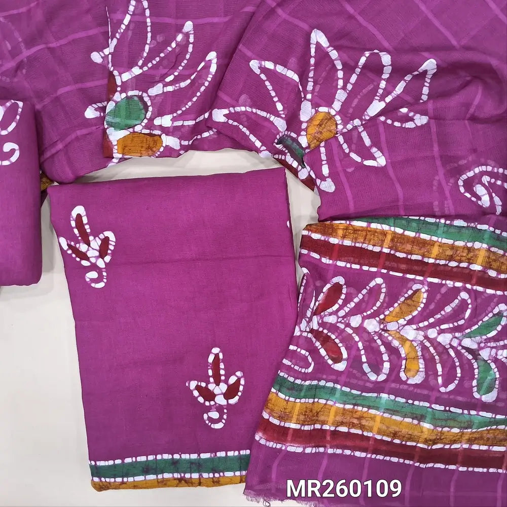 Rani pink multicoloured wax batik dyed cotton unstitched salwar material (lining needed) batik dyed cotton bottom, multicoloured batik dyed pure mul cotton dupatta. MR260109