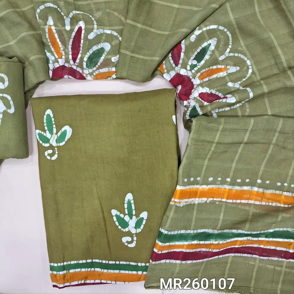 Olive green blue multicoloured wax batik dyed cotton unstitched salwar material (lining needed) batik dyed cotton bottom, multicoloured batik dyed pure mul cotton dupatta. MR260107