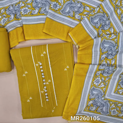 Bright mehandhi yellow south handloom cotton unstitched salwar material,potli buttons on yoke, thread woven all over ,(lining needed) matching cotton bottom, kalamkari printed mul cotton dupatta. MR260105