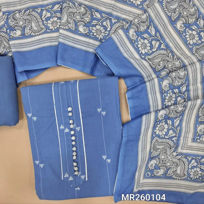 Powder blue south handloom cotton unstitched salwar material,potli buttons on yoke, thread woven all over ,(lining needed) matching cotton bottom, kalamkari printed mul cotton dupatta. MR260104