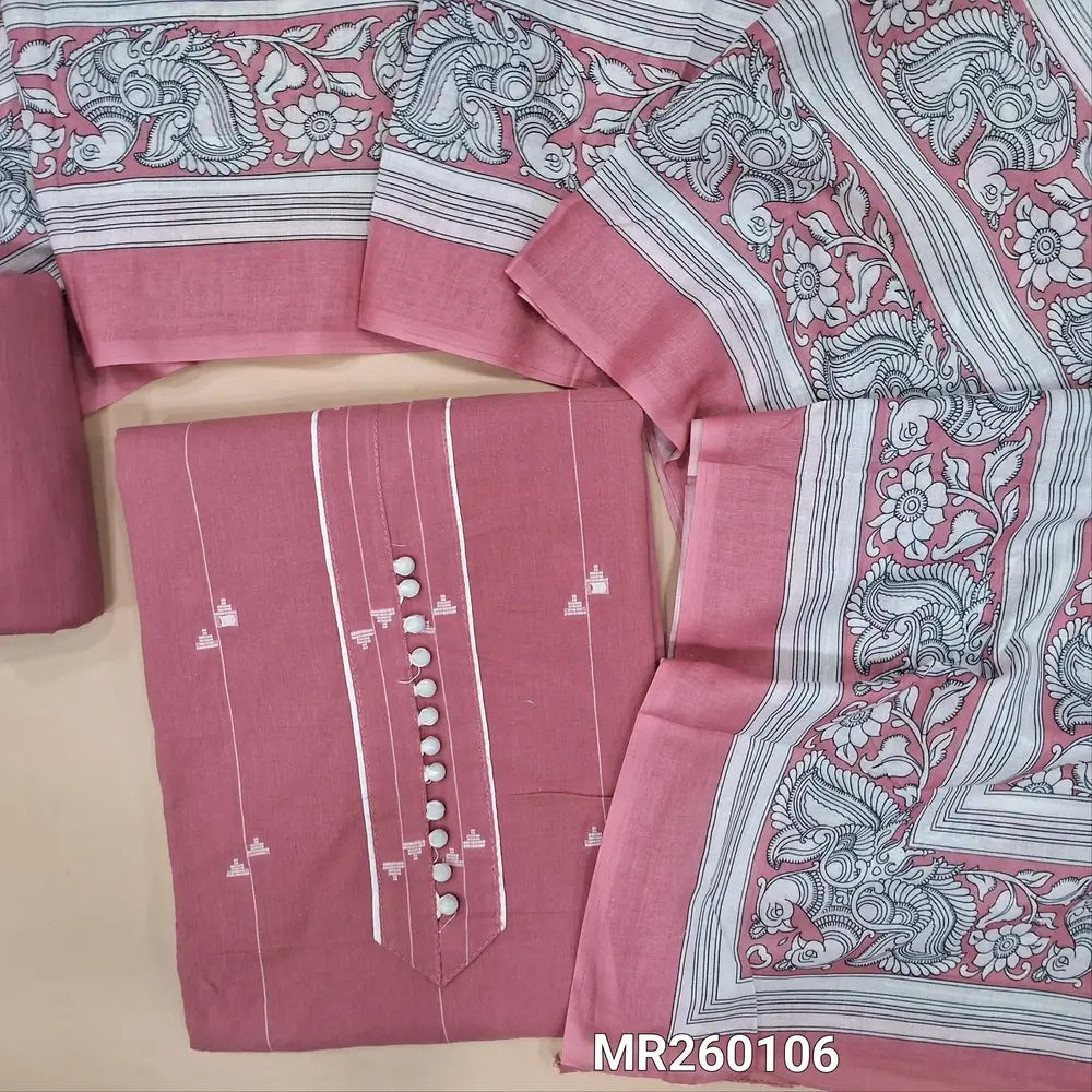 Pastel pink south handloom cotton unstitched salwar material,potli buttons on yoke, thread woven all over ,(lining needed) matching cotton bottom, kalamkari printed mul cotton dupatta. MR260106
