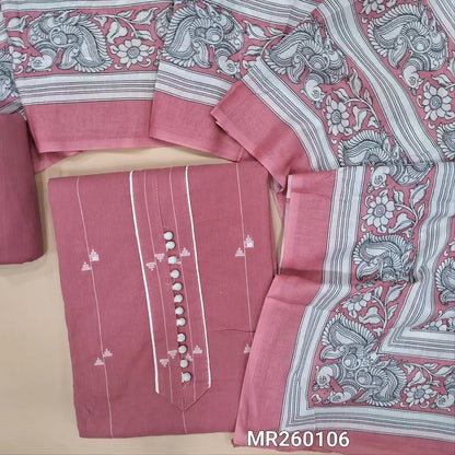 Pastel pink south handloom cotton unstitched salwar material,potli buttons on yoke, thread woven all over ,(lining needed) matching cotton bottom, kalamkari printed mul cotton dupatta. MR260106