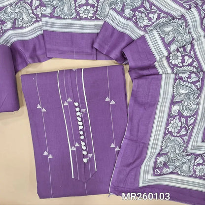 Light purple south handloom cotton unstitched salwar material,potli buttons on yoke, thread woven all over ,(lining needed) matching cotton bottom, kalamkari printed mul cotton dupatta. MR260103