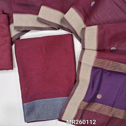 Dark pink jakard viscous unstitched salwar material, contrast daman( Smooth Lining Needed) santoon bottom, weaving on viscous dupatta with zari lines and contrast pallu with gold tissue borders. MR260112