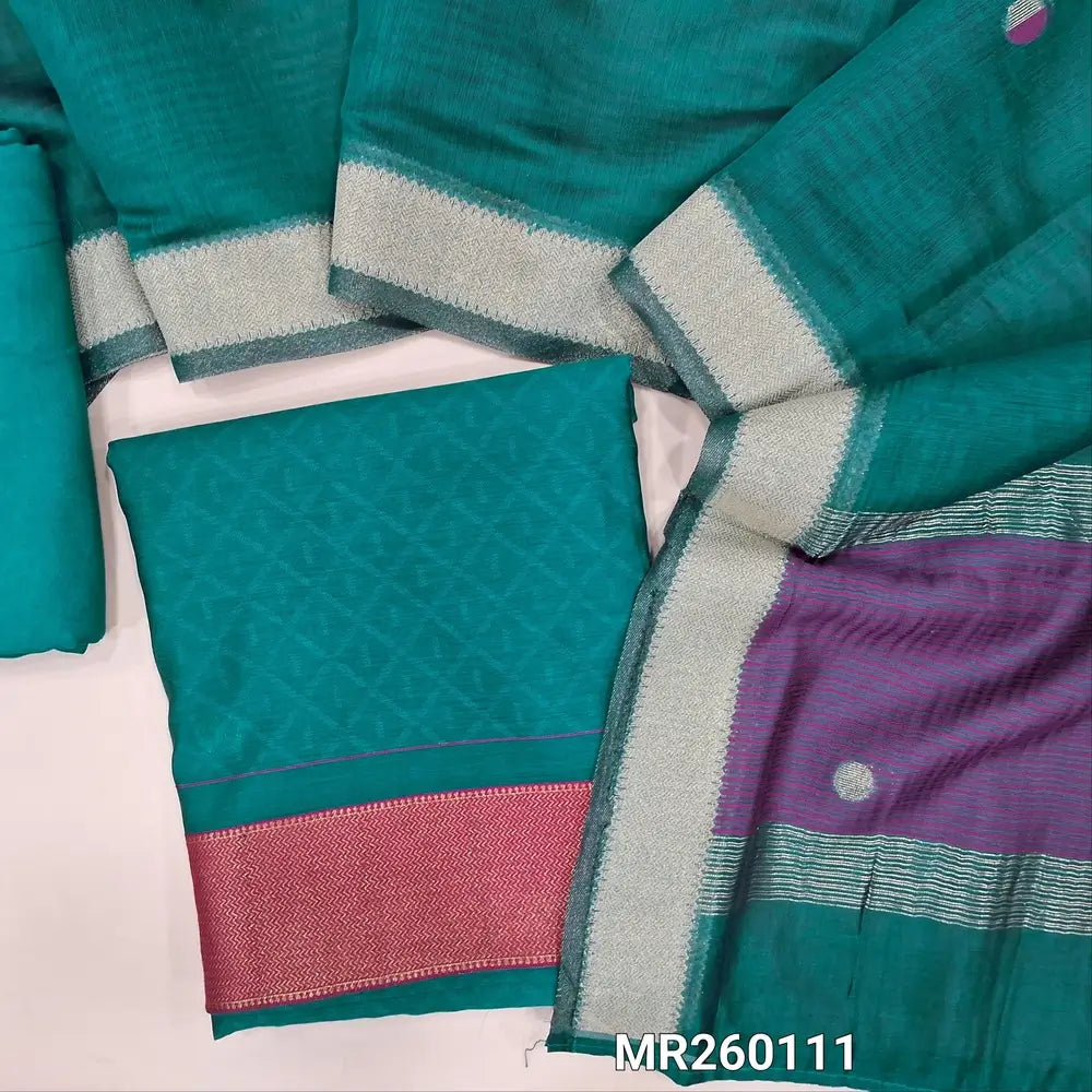 Teal blue jakard viscous unstitched salwar material, contrast daman( Smooth Lining Needed) santoon bottom, weaving on viscous dupatta with zari lines and contrast pallu with gold tissue borders. MR260111