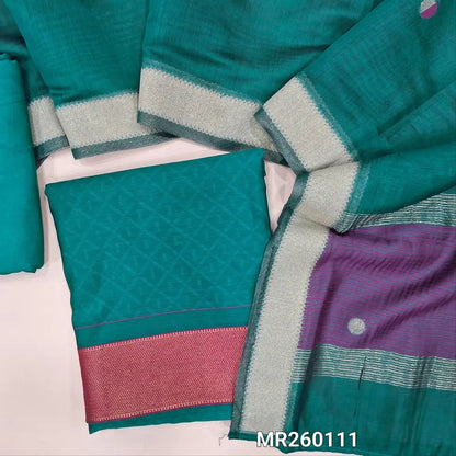 Teal blue jakard viscous unstitched salwar material, contrast daman( Smooth Lining Needed) santoon bottom, weaving on viscous dupatta with zari lines and contrast pallu with gold tissue borders. MR260111