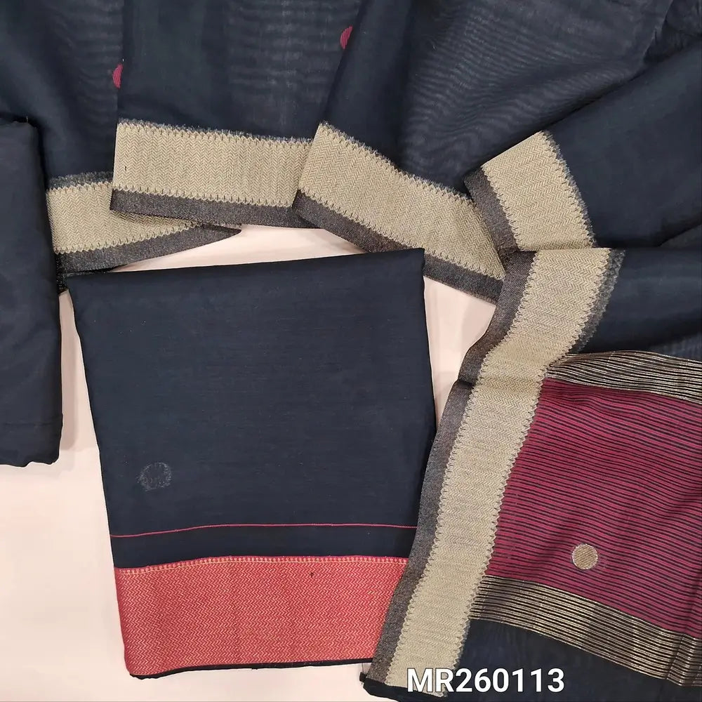 Black jakard viscous unstitched salwar material, contrast daman( Smooth Lining Needed) santoon bottom, weaving on viscous dupatta with zari lines and contrast pallu with gold tissue borders. MR260113