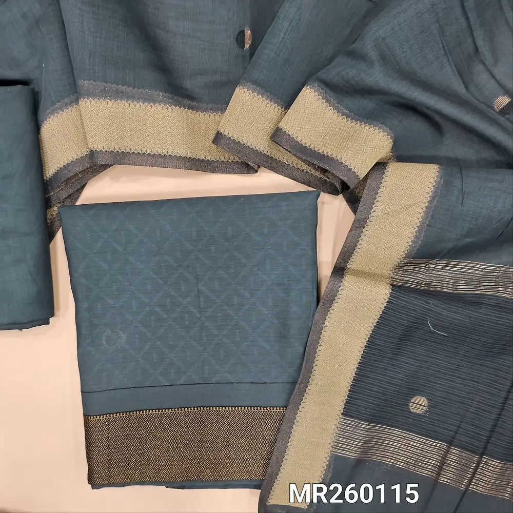 Dark grey jakard viscous unstitched salwar material, contrast daman( Smooth Lining Needed) santoon bottom, weaving on viscous dupatta with zari lines and contrast pallu with gold tissue borders. MR260115