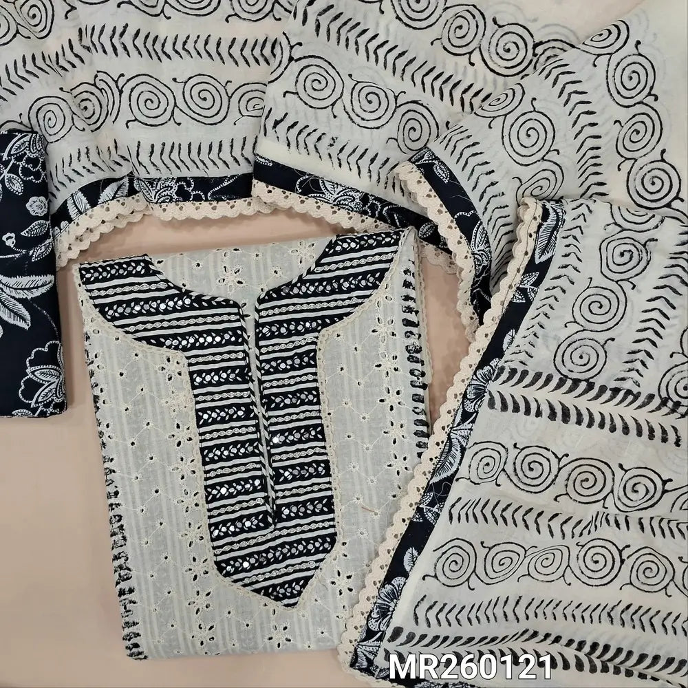 Black &white premium cotton unstitched salwar material, bead, sequins& faux mirror work on yoke(lining optional)printed pure cotton bottom, printed pure cotton full length dupatta with lace tapings. MR260121