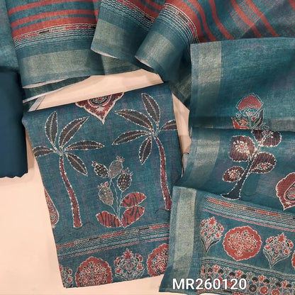 Indigo blue with golden tint ajrak printed tissue silk cotton unstitched salwar material, panel design(thin, lining needed) dark teal blue spun cotton bottom,ajrak printed tissue silk cotton dupatta. MR260120