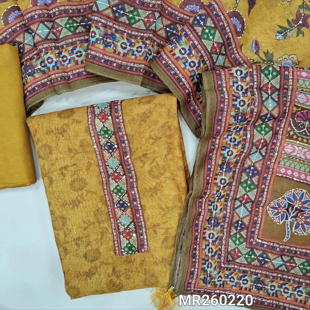 Mehandhi yellow digital printed silk cotton unstitched salwar material,(light weight,lining needed)printed yoke with hand work, matching santoon bottom, kantha stitch and multicoloured digital printed silk cotton dupatta. MR260220