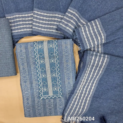 Denim blue jakard cotton unstitched salwar material,simple embroidered yoke(lining optional)thread woven bottom,mixed cotton dupatta with thread woven borders and tassles (REQUIRES TAPINGS).MR260204