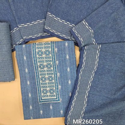 Denim blue jakard cotton unstitched salwar material,simple embroidered yoke(lining optional)thread woven bottom,mixed cotton dupatta with thread woven borders and tassles (REQUIRES TAPINGS).MR260205
