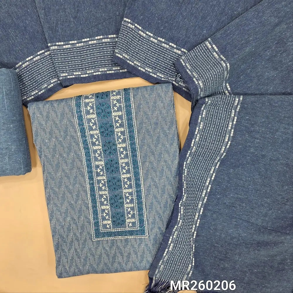 Denim blue jakard cotton unstitched salwar material,simple embroidered yoke(lining optional)cotton bottom,mixed cotton dupatta with thread woven borders and tassles (REQUIRES TAPINGS).MR260206