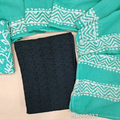 Black schiffli embroidered pure cotton unstitched salwar material(lining needed)pastel blue batik dyed cotton bottom, batik dyed full length kota cotton dupatta with tapping. MR260217