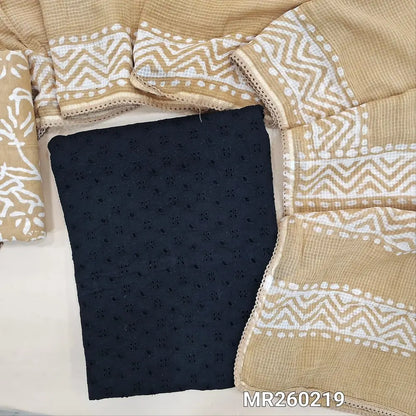 Black schiffli embroidered pure cotton unstitched salwar material(lining needed)beige batik dyed cotton bottom, batik dyed full length kota cotton dupatta with tapping. MR260219