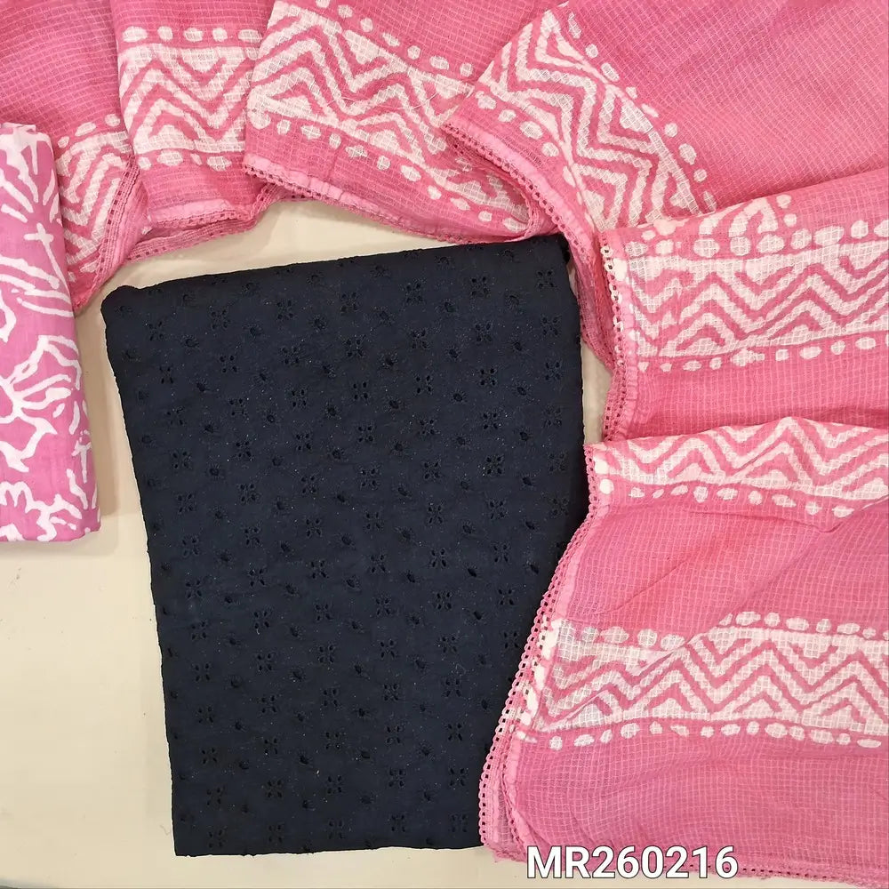 Black schiffli embroidered pure cotton unstitched salwar material(lining needed)pastel pink batik dyed cotton bottom, batik dyed full length kota cotton dupatta with tapping. MR260216
