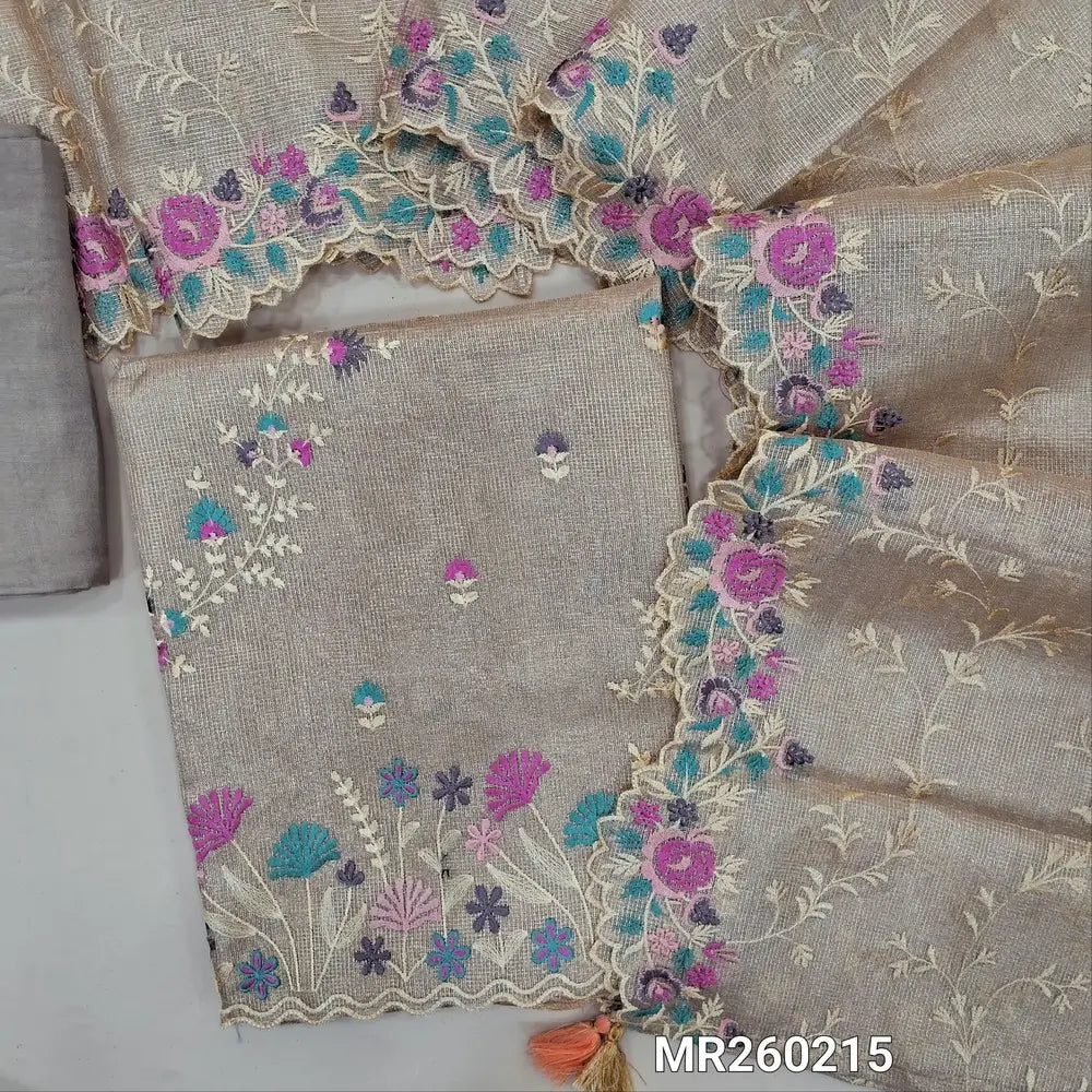 Designer Beige with golden tint tissue silk cotton unstitched salwar material, rich embroidery work on front(lining needed) matching santoon bottom,embroidered full length tissue silk cotton dupatta with scallop edges. MR260215