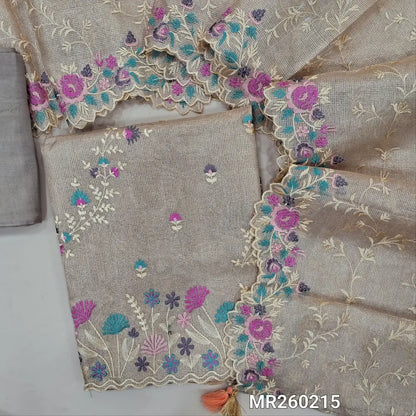 Designer Beige with golden tint tissue silk cotton unstitched salwar material, rich embroidery work on front(lining needed) matching santoon bottom,embroidered full length tissue silk cotton dupatta with scallop edges. MR260215