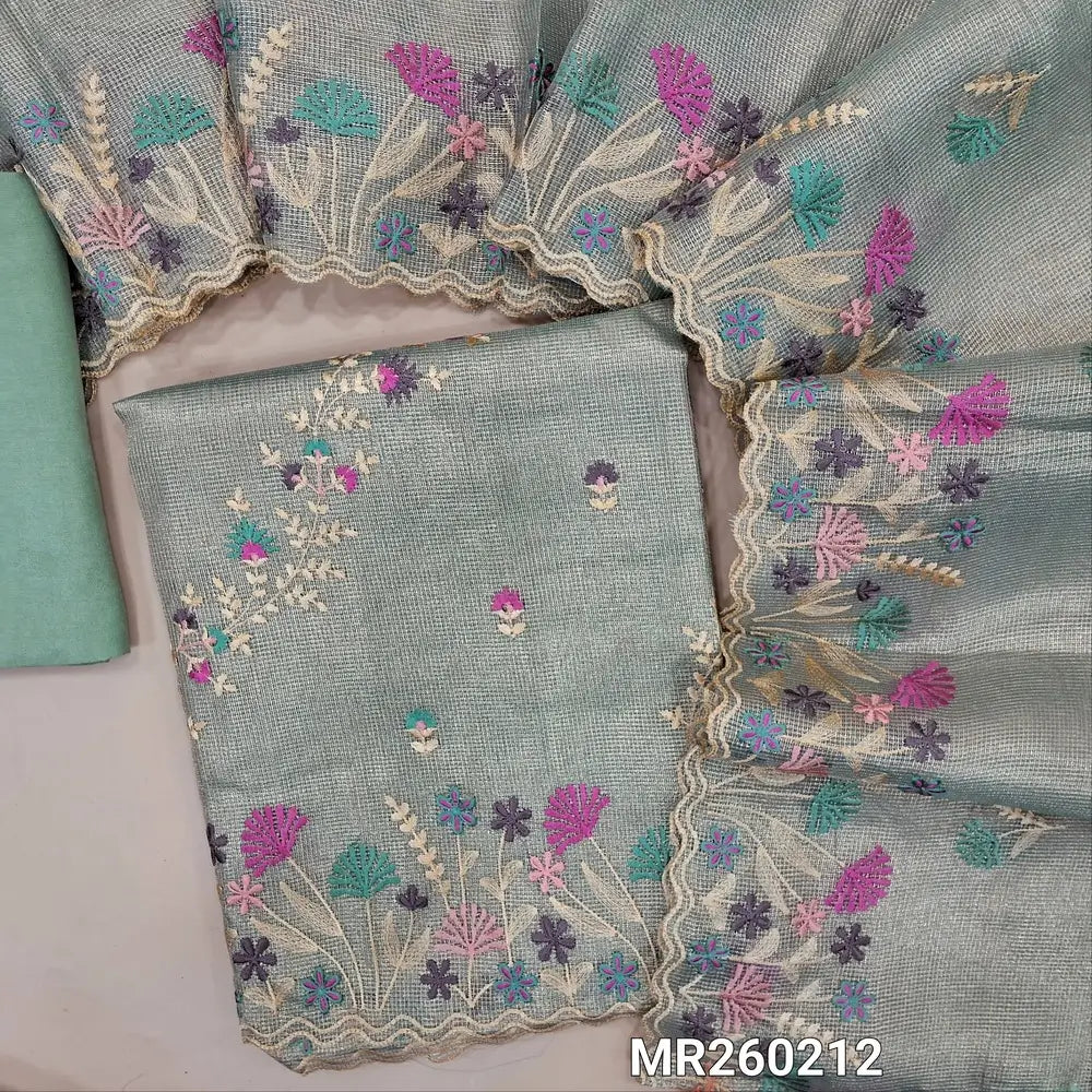 Designer pale blue with golden tint tissue silk cotton unstitched salwar material, rich embroidery work on front(lining needed) matching santoon bottom,embroidered full length tissue silk cotton dupatta with scallop edges. MR260212