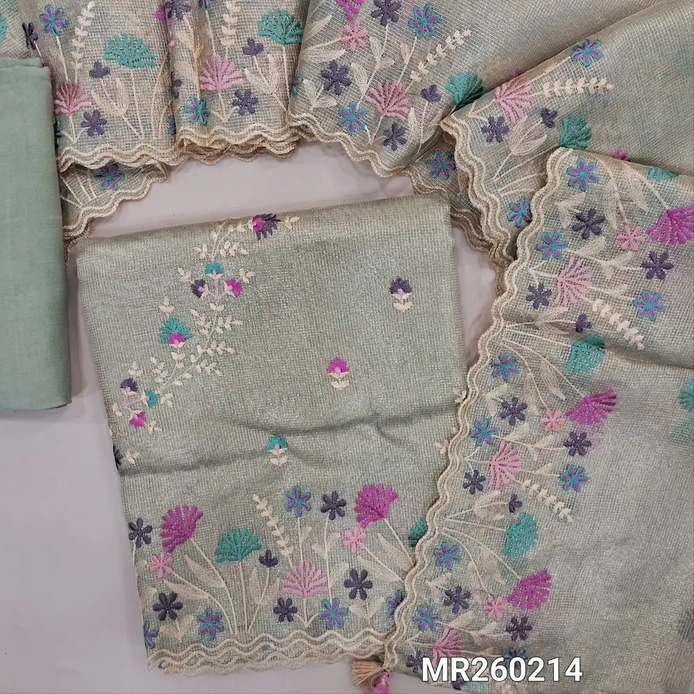 Designer pale green with golden tint tissue silk cotton unstitched salwar material, rich embroidery work on front(lining needed) matching santoon bottom,embroidered full length tissue silk cotton dupatta with scallop edges. MR260214