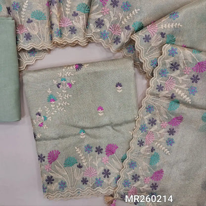 Designer pale green with golden tint tissue silk cotton unstitched salwar material, rich embroidery work on front(lining needed) matching santoon bottom,embroidered full length tissue silk cotton dupatta with scallop edges. MR260214