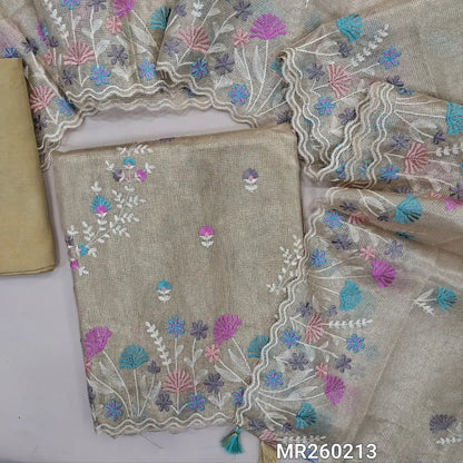 Designer sandal yellow with golden tint tissue silk cotton unstitched salwar material, rich embroidery work on front(lining needed) matching santoon bottom,embroidered full length tissue silk cotton dupatta with scallop edges. MR260213