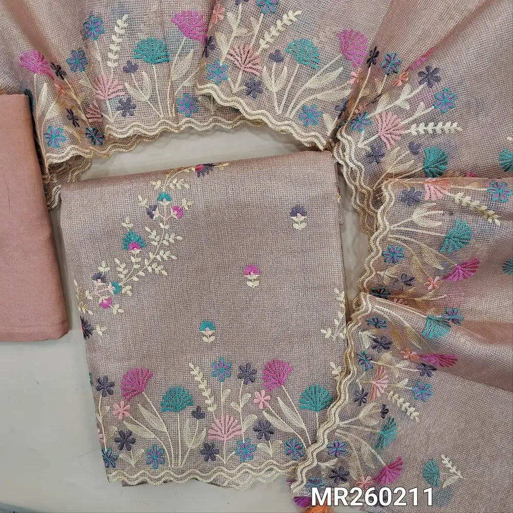 Designer pale pink with golden tint tissue silk cotton unstitched salwar material, rich embroidery work on front(lining needed) matching santoon bottom,embroidered full length tissue silk cotton dupatta with scallop edges. MR260211
