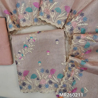 Designer pale pink with golden tint tissue silk cotton unstitched salwar material, rich embroidery work on front(lining needed) matching santoon bottom,embroidered full length tissue silk cotton dupatta with scallop edges. MR260211