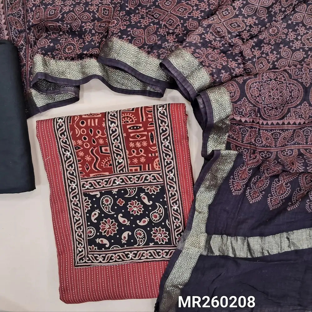 Dark maroon Pure kantha cotton unstitched salwar material, ajrak yoke patch with sequins work(Lining Needed)black cotton bottom, ajrak block printed pure cotton dupatta (TAPINGS NEEDED). MR260208