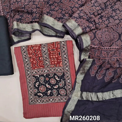 Dark maroon Pure kantha cotton unstitched salwar material, ajrak yoke patch with sequins work(Lining Needed)black cotton bottom, ajrak block printed pure cotton dupatta (TAPINGS NEEDED). MR260208