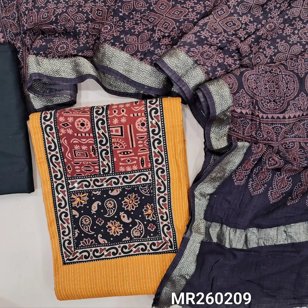 Yellow Pure kantha cotton unstitched salwar material, ajrak yoke patch with sequins work(Lining Needed)black cotton bottom, ajrak block printed pure cotton dupatta (TAPINGS NEEDED). MR260209