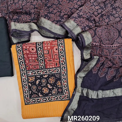 Yellow Pure kantha cotton unstitched salwar material, ajrak yoke patch with sequins work(Lining Needed)black cotton bottom, ajrak block printed pure cotton dupatta (TAPINGS NEEDED). MR260209