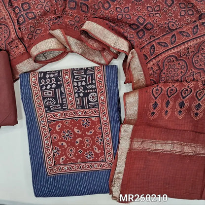 Blue Pure kantha cotton unstitched salwar material, ajrak yoke patch with sequins work(Lining Needed)maroon cotton bottom, ajrak block printed pure cotton dupatta (TAPINGS NEEDED). MR260210