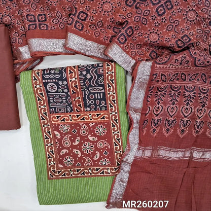 Mossy green Pure kantha cotton unstitched salwar material, ajrak yoke patch with sequins work(Lining Needed)maroon cotton bottom, ajrak block printed pure cotton dupatta (TAPINGS NEEDED). MR260207