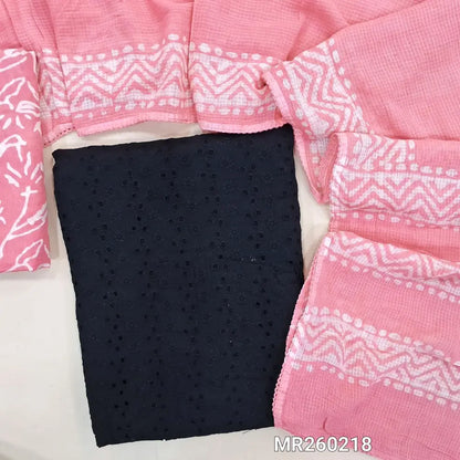 Black schiffli embroidered pure cotton unstitched salwar material(lining needed)light peachish pink batik dyed cotton bottom, batik dyed full length kota cotton dupatta with tapping. MR260218