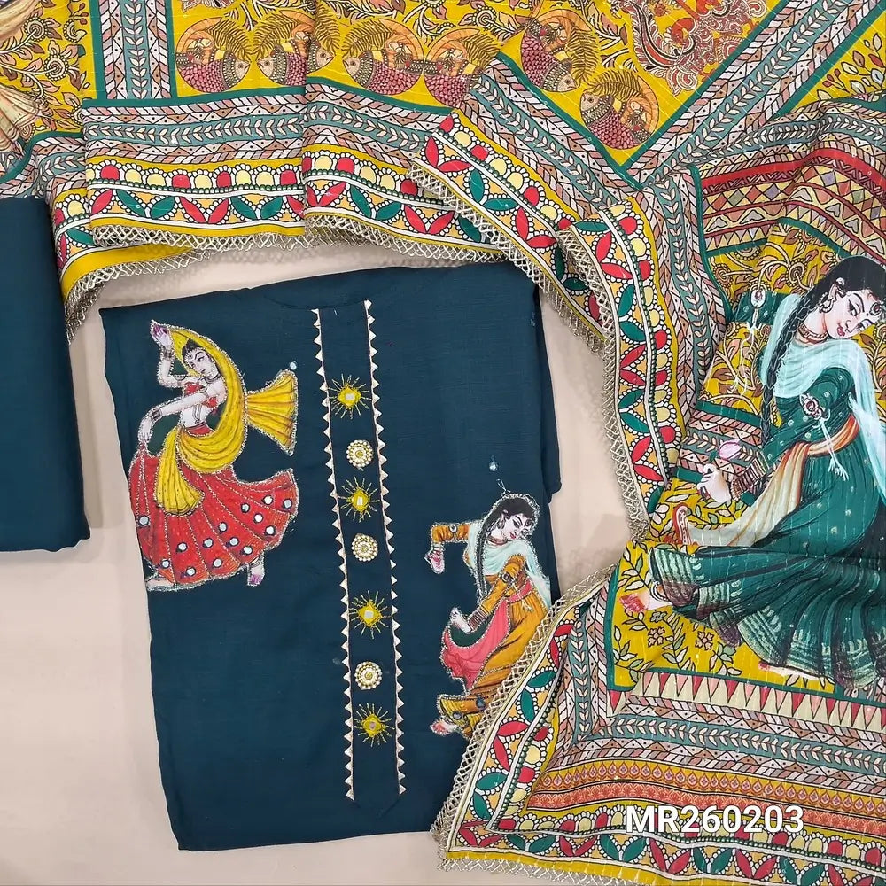Dark Blue Liquid fabric unstitched salwar material, round neck, colorful applique and zari work on yoke with simple buttons, faux mirror on front, matching bottom, digital printed silk cotton short width dupatta with sequins work. MR260203