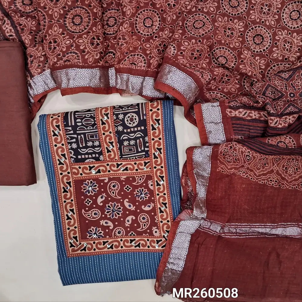 Blue Pure kantha cotton unstitched salwar material, ajrak yoke patch with sequins work(Lining Needed)maroon cotton bottom, ajrak block printed pure cotton dupatta (BLOCK PRINT DESIGN MIGHT VARY)TAPINGS NEEDED. MR260508