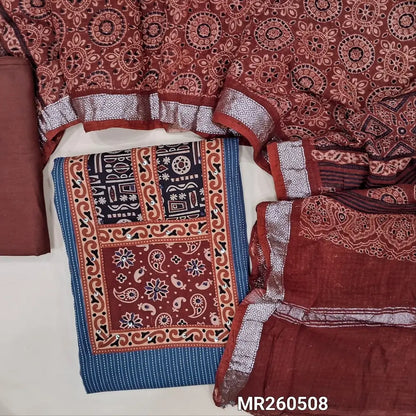 Blue Pure kantha cotton unstitched salwar material, ajrak yoke patch with sequins work(Lining Needed)maroon cotton bottom, ajrak block printed pure cotton dupatta (BLOCK PRINT DESIGN MIGHT VARY)TAPINGS NEEDED. MR260508