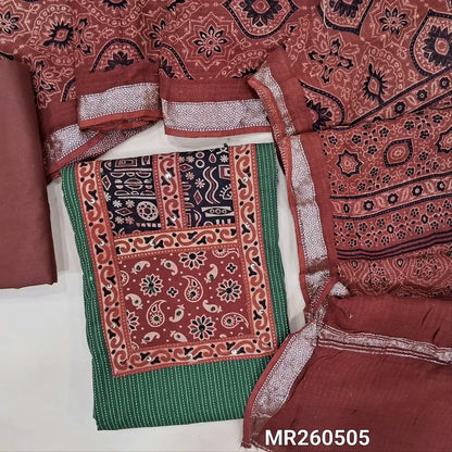 Dark green Pure kantha cotton unstitched salwar material, ajrak yoke patch with sequins work(Lining Needed)maroon cotton bottom, ajrak block printed pure cotton dupatta (BLOCK PRINT DESIGN MIGHT VARY)TAPINGS NEEDED. MR260505