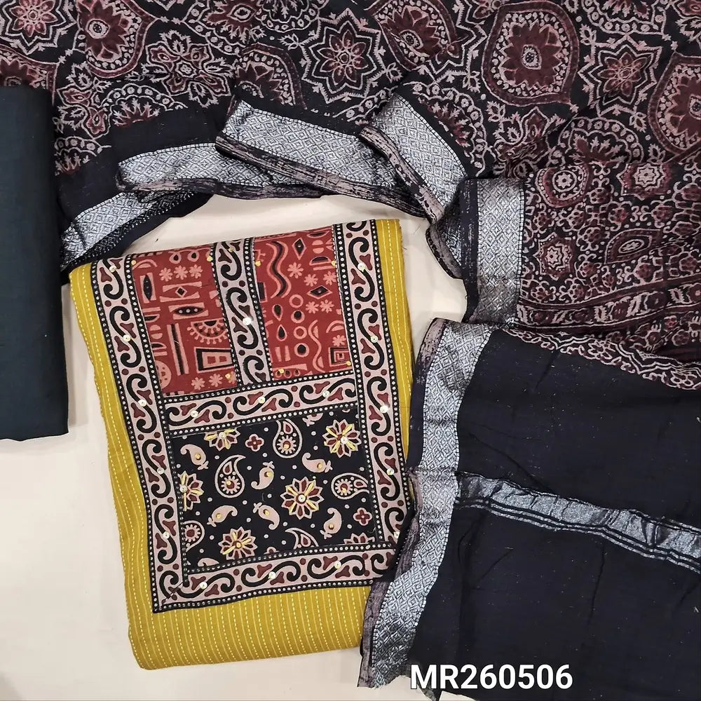 Mehandhi yellow Pure kantha cotton unstitched salwar material, ajrak yoke patch with sequins work(Lining Needed)black cotton bottom, ajrak block printed pure cotton dupatta (BLOCK PRINT DESIGN MIGHT VARY)TAPINGS NEEDED. MR260506