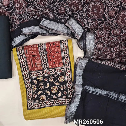 Mehandhi yellow Pure kantha cotton unstitched salwar material, ajrak yoke patch with sequins work(Lining Needed)black cotton bottom, ajrak block printed pure cotton dupatta (BLOCK PRINT DESIGN MIGHT VARY)TAPINGS NEEDED. MR260506