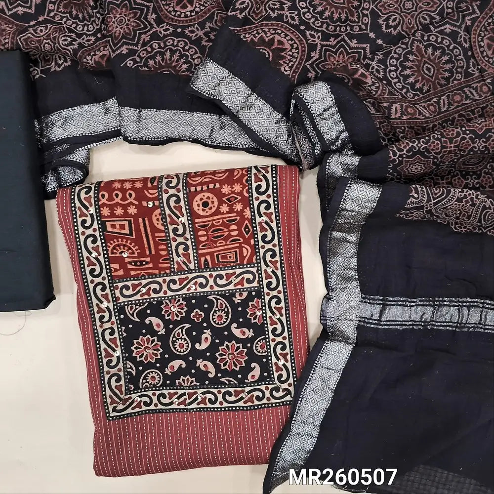 Maroon Pure kantha cotton unstitched salwar material, ajrak yoke patch with sequins work(Lining Needed)black cotton bottom, ajrak block printed pure cotton dupatta (BLOCK PRINT DESIGN MIGHT VARY)TAPINGS NEEDED. MR260507